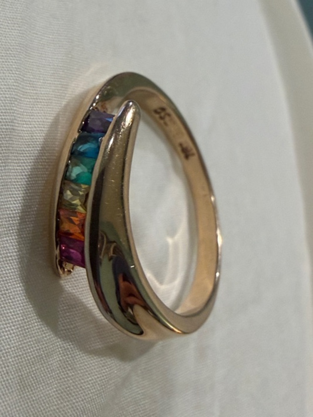 18K Gold Electroplated Women's Curved Band Ring with Rainbow Stones